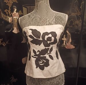 White House Black Market Strapless Linen Bustier Top Floral Applique Like New 6